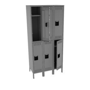 A set of six gray metal lockers, arranged in two columns of three. Some locker doors are open, revealing empty compartments inside. The lockers have black rectangular handles and ventilation slits at the top and bottom of each door.