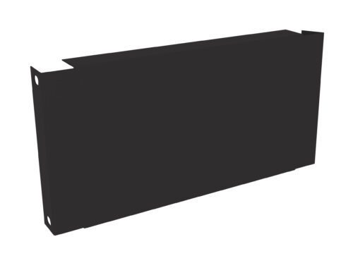 A black metal panel with two small holes on each side, featuring a rectangular, flat design and raised edges. The angle shows the panels depth and thickness, as well as its sleek and minimalist appearance.