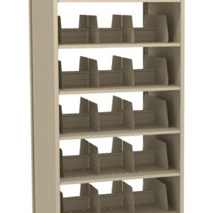 Beige storage rack with multiple horizontal shelves, each featuring empty, adjustable dividers designed for organizing and separating items like files or inventory. The unit is freestanding with an open back.