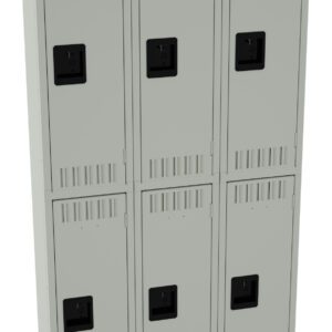 A set of six beige metal lockers, arranged in two rows of three. Each locker has a vented top and bottom section and a rectangular black handle. The lockers are placed against a white background.
