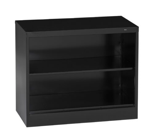 A black, rectangular metal storage cabinet with two open shelves and a smooth, flat top. The cabinet has a glossy finish and its simple design makes it suitable for office or home storage needs.