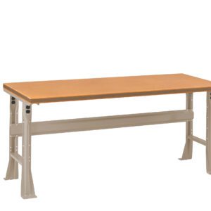 A rectangular wooden workbench with a light brown top and sturdy gray metal legs. The bench is set against a plain white background, showcasing its simple and functional design.