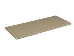 A beige, rectangular metal shelf with smooth edges and pre-drilled holes near the corners, positioned at a slight angle against a white background.