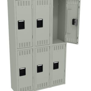 A beige, six-compartment locker unit with two rows of three. The top right locker is open, showing an empty interior. Black ventilation slots are visible on each locker door.