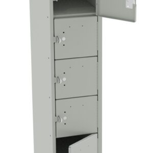 A tall, gray metal locker with a slanted top and several compartments, some with open doors. Each compartment has a lock mechanism and handle. The locker is designed for secure personal storage.