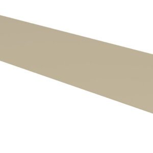A beige, rectangular metal flat flashing piece with a single hole on one end, viewed from an angle.