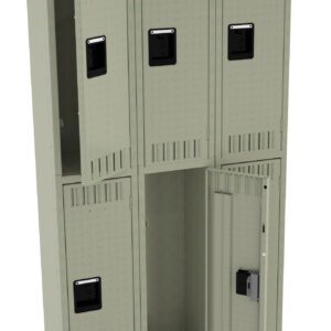 A beige metal locker unit with six compartments arranged in two rows of three. Each compartment has ventilation slots and a black lockable handle. One of the lower right compartment doors is open, showing the empty interior.