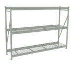 A metal shelving unit with three mesh shelves is shown standing on a white background. The shelves are supported by vertical posts with holes for adjustable height. The structure is minimalist and industrial in design.