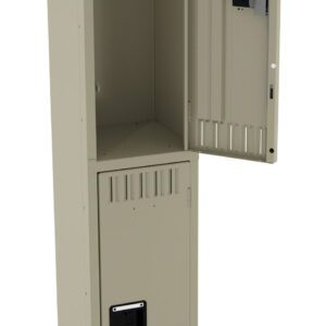 A beige metal locker standing upright with its upper door open, revealing an empty compartment inside. The lower door is closed. The locker has ventilation slits on both doors and a rectangular handle on each door.