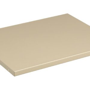 A beige, rectangular metal shelf with a smooth surface is isolated on a white background. The shelf is slightly angled, showing its flat top and thin edges.