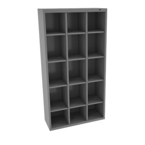 A tall, gray storage unit with three vertical columns and five horizontal rows, totaling fifteen open cubby shelves. The unit is empty, showcasing its simple, modern design.