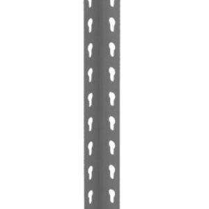 A tall, gray, metal T-post with perforated holes evenly spaced along its length, set against a white background.