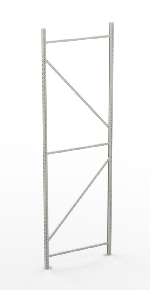fswphweosfk3elesvwvm.jpg A tall, gray metal shelving frame stands against a white background. It has vertical supports with multiple holes and diagonal crossbars for stability.