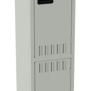 A tall, beige metal locker with two compartments, each featuring a black handle. The locker doors have ventilation slots near the top and bottom. The design is simple and utilitarian.