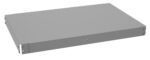 A flat, rectangular, grey metal electronic rack shelf with mounting brackets on the sides, designed for installation in a standard server rack.