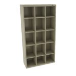 A tall, beige metal shelving unit with fifteen equally sized rectangular compartments arranged in three columns and five rows.