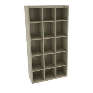 A tall, beige metal shelving unit with fifteen equally sized rectangular compartments arranged in three columns and five rows.