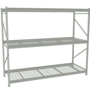 A gray industrial storage shelf with two wire grid shelves and a sturdy frame. The shelf is empty and designed for heavy-duty use. The background is plain white.