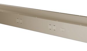 Two long, beige metal rails aligned side by side with several small, square cutouts along their lengths. The rails have flat surfaces and are positioned parallel to each other, showcasing their industrial design.