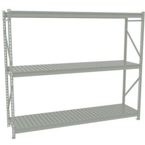 A metal storage rack with three shelves. Each shelf is slatted, supported by four vertical beams with diagonal reinforcements on the sides. The rack is designed for industrial or garage storage, with a simple and sturdy construction.