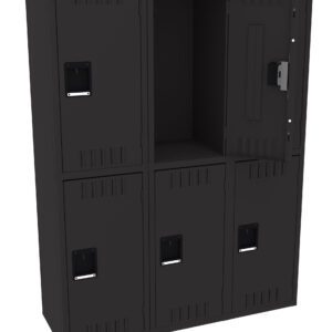 A three-by-two arrangement of metal lockers with the three lockers on the left closed and the three on the right open. Each locker has a vent and a handle for access. The open lockers reveal empty compartments inside.