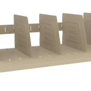 A beige metal shelf with five vertical dividers evenly spaced along its length. The dividers have rectangular perforations, and the shelf has a flat, perforated bottom surface.