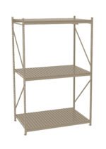 A freestanding metal shelving unit with three beige slatted shelves. The frame is supported by diagonal braces on the sides for stability.