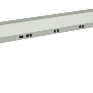 A long, light gray metal bracket with mounting holes and multiple black circular attachment points, used for supporting and securing equipment. The structure is angled for a 3D view.