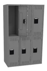 A set of six gray metal lockers, arranged in two rows of three. The top left locker is open, revealing its interior. Each locker has a black handle and vent slots for ventilation. The lockers are standing on a white background.