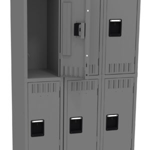 A set of six gray metal lockers, arranged in two rows of three. The top left locker is open, revealing its interior. Each locker has a black handle and vent slots for ventilation. The lockers are standing on a white background.