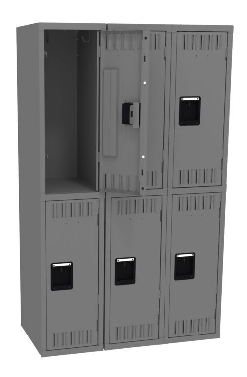 A set of six gray metal lockers, arranged in two rows of three. The top left locker is open, revealing its interior. Each locker has a black handle and vent slots for ventilation. The lockers are standing on a white background.