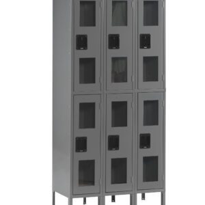 A gray metal locker unit with two rows and three columns, featuring six compartments in total. Each locker has a black handle and transparent window panel, allowing visibility of the contents inside. The unit stands on four sturdy legs.