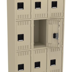 A beige, three-tier locker unit with nine compartments. One door in the middle row is open, revealing an empty interior. The lockers have black rectangular handles and ventilation slots.
