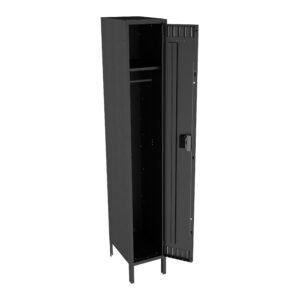 A tall, black metal locker with a partially open door. Inside, theres a shelf at the top and a rod for hanging items. The locker has vent slots on the door and stands on four legs.