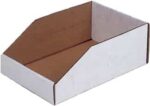 A white and brown cardboard storage bin with an open top and angled sides, designed for organizing and holding items.