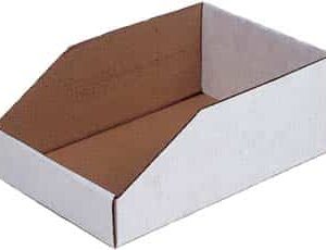 A white and brown cardboard storage bin with an open top and angled sides, designed for organizing and holding items.