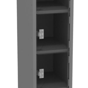 Gray metal locker with six spacious compartments, each with a latch for securing the doors. The locker has a simple, industrial design suitable for storing personal items or equipment. The door is open, revealing the interior shelves.