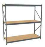A freestanding metal storage rack with three wooden shelves. The frame is gray, and the shelves are empty. The design is industrial, suitable for warehouses or garages. The structure is viewed against a plain white background.