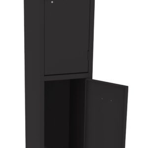 A tall, black metal locker with two compartments. The top compartment door is closed, and the bottom compartment door is open, showing the empty interior. The locker stands on four legs.