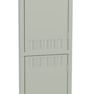 A tall, gray metal locker with two compartment doors, each with ventilation slots and a black recessed handle. The locker is closed and has a minimalist design.