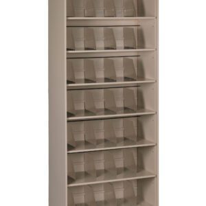 A beige metal shelving unit with six shelves, each containing multiple clear plastic dividers or holders. It is empty and stands against a plain white background.