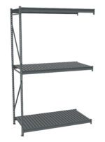 A gray metal shelving unit with three adjustable shelves. The design features a sturdy frame with perforated support beams and slatted shelves, suitable for storage and organization in industrial or garage settings.