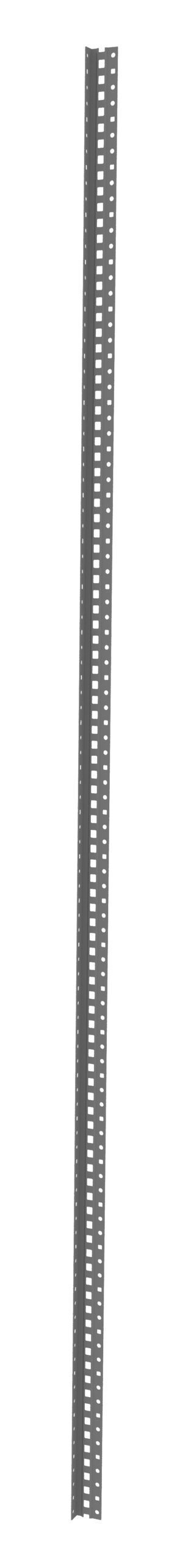 klbrmkk0dsrxrybdvorq.jpg A tall, narrow, flat metal T-post with a series of evenly spaced holes running vertically along its length. The post is designed for construction or mounting purposes.