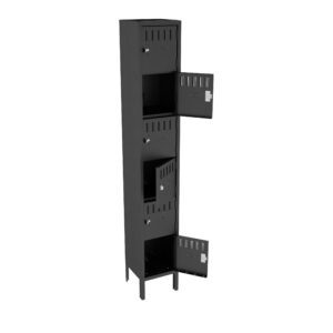 A tall, black metal locker with four compartments, each with a vented door. Three doors are slightly open, showing the empty interior. The locker stands on four legs.
