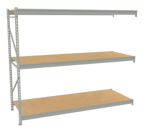 lap12ctnnpbd3cgoodgj.jpg A metal shelving unit with three wooden shelves. The structure is light gray, and the shelves are a natural wood color. The unit has a simple industrial design, suitable for storing items in garages or workshops.