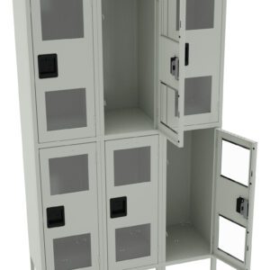 A gray metal storage cabinet with six compartments, each featuring a glass panel door. Two of the doors are open, revealing empty interior spaces. The cabinet stands on short legs.