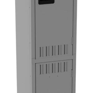 A tall, gray metal locker with two vertically stacked compartments, each featuring a rectangular black handle and ventilation slots at the top and bottom of the doors.