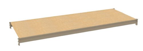 A rectangular wooden shelf with metal brackets on the corners, viewed at an angle. The surface is smooth and light brown, with a simple and functional design.