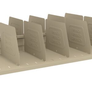 A beige, rectangular, adjustable bookend rack with multiple vertical dividers evenly spaced apart. The dividers have embossed rectangular patterns and the base has small slots for fitting adjustments.