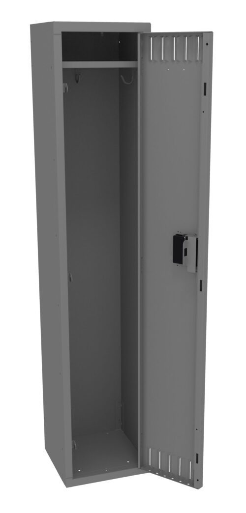 lxarwenptofzpkgcyrih.jpg A tall, open gray metal locker with a single door ajar. Inside, theres a shelf near the top and a horizontal bar for hanging items. The door has ventilation slots and a lock. The locker is empty.